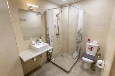 a bathroom with a shower and a toilet and a sink at Oasis in the centre in Athens
