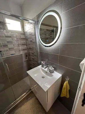 a bathroom with a sink and a mirror and a shower at Zen Hilltop by A&D Properties in Porto Rafti