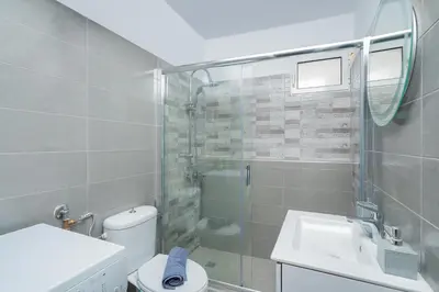 a bathroom with a shower and a toilet and a sink at Zen Hilltop by A&D Properties in Porto Rafti