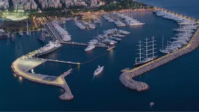 an aerial view of a marina with boats in the water at Seaside Apartment by Flisvos Marina in Athens