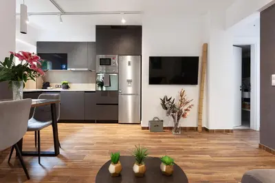 a kitchen with stainless steel appliances and a table with plants at Seaside Apartment by Flisvos Marina in Athens