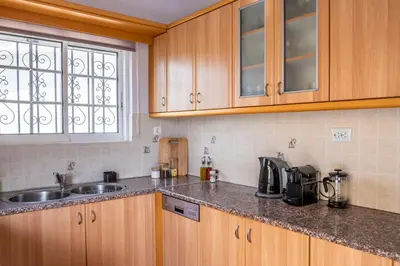 a kitchen with wooden cabinets and a sink at New Olivka House in Anavissos